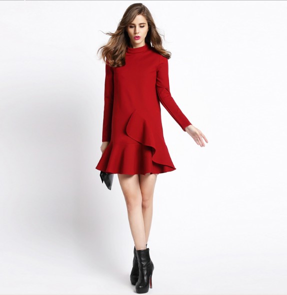 F2486-1 Red High Neck Ruffle Long Sleeve Flounce Hem Dress